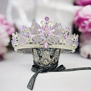 Crystal crown tiara, Vintage silver Crown, Purple bow tiara, Bride crystal tiara